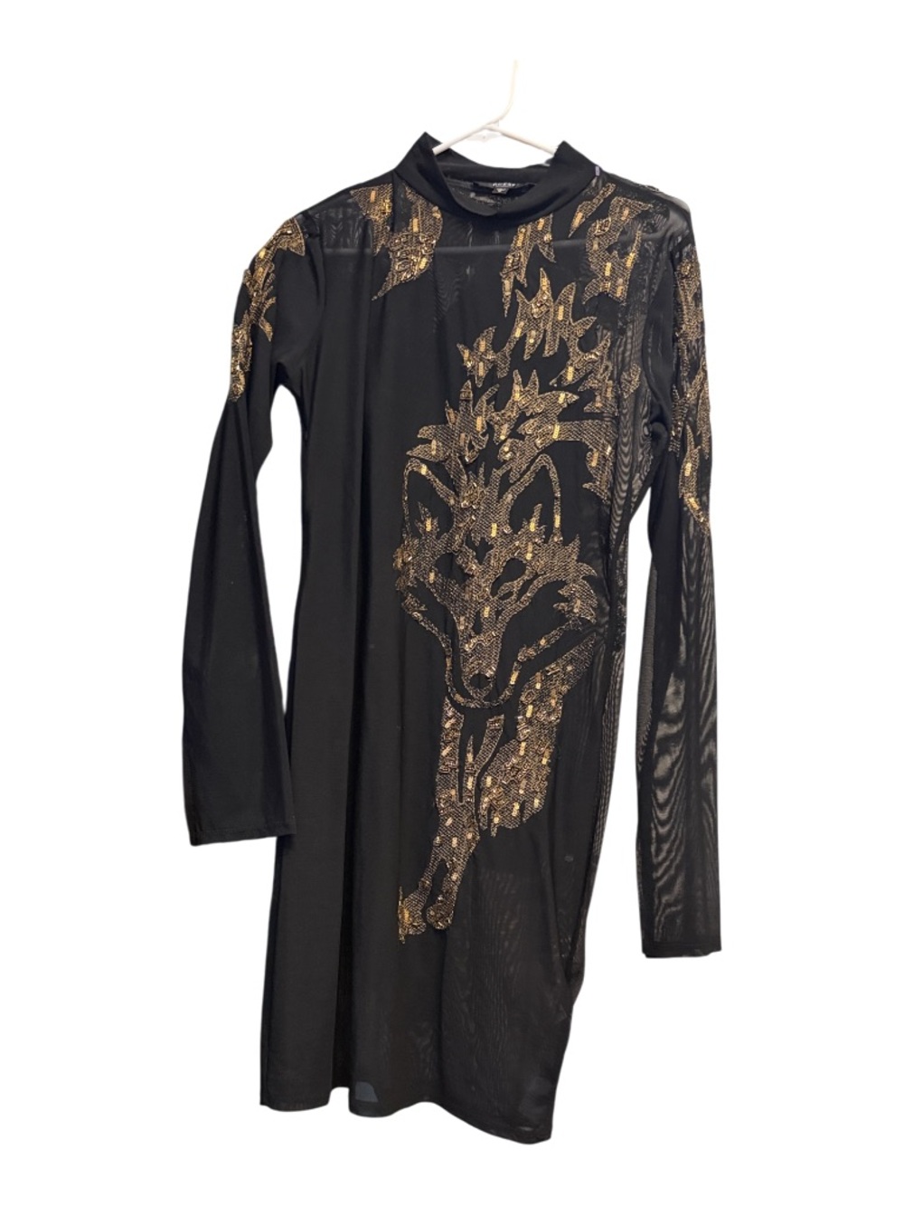 GUESS Black Long-Sleeve Dress with Gold Fox Motif